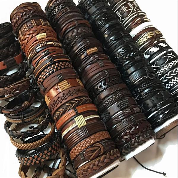 

2020 Hot Sale 100pcs/Lots Vintage Mix Styles Leather Cuff Bracelets For Men Women Wrist Jewelry Size adjustable . .