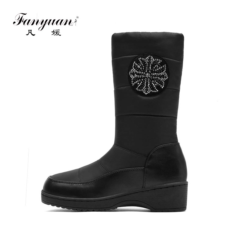 

fanyuan Fashion New Hot Size 44 Chunky Heels Mid Calf Boots Woman Shoes Slip On Add Fur Warm Winter Shoes Women Boots Female, Beige