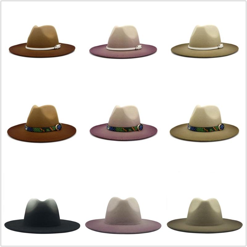 

New Gradient Autumn Winter Sun Hat Women Men Fedora Hats Classical Wide Brim Floppy Cloche Cap Chapeau Imitation Wool Felt Caps, 16