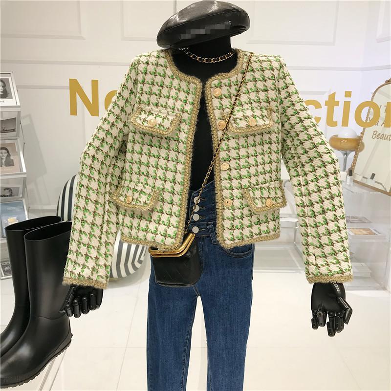 

Classic Round Neck Tweed Coat Ladies Fall 2020 New Korean Retro Temperament Single-breasted Short Jacket, Green