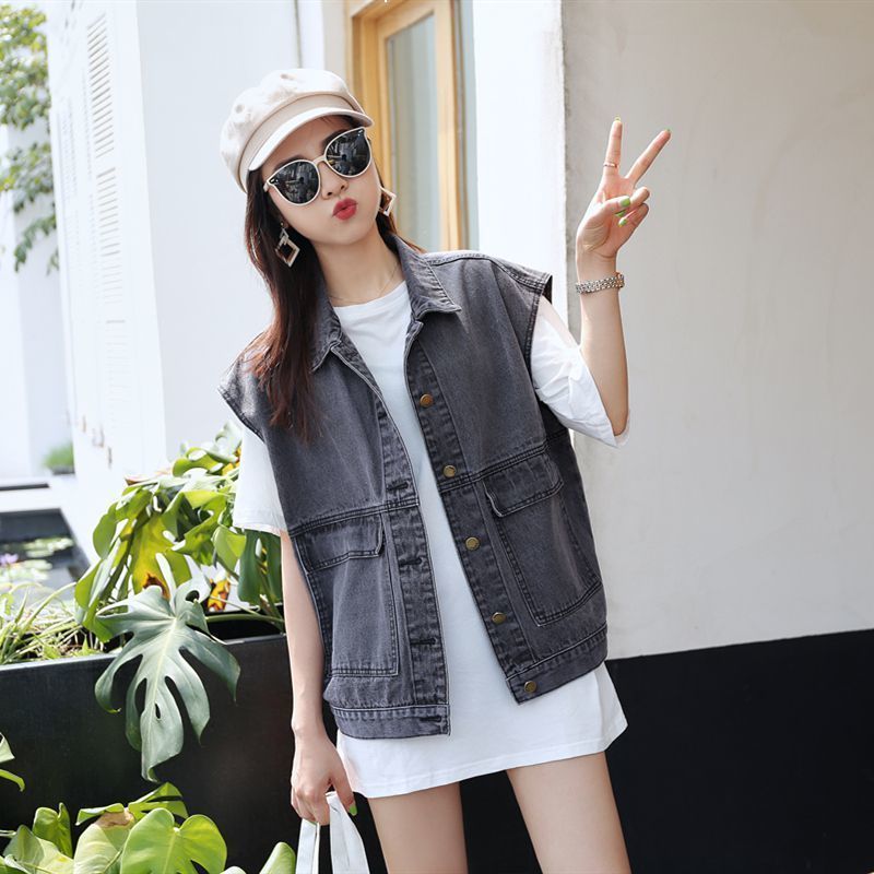 

2021 spring trend denim female vest vintage cardigan jacket sleeveless collar women's clothes y163 WYPR, Unkshenhuiseunk