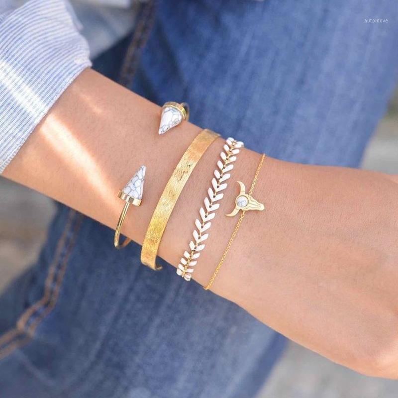

Tocona Boho Gold Leaf Cattle Head Inlay Crystal Marble Stone Layered Bracelet Set For Women Charm Party Bangle Pulseiras 70941