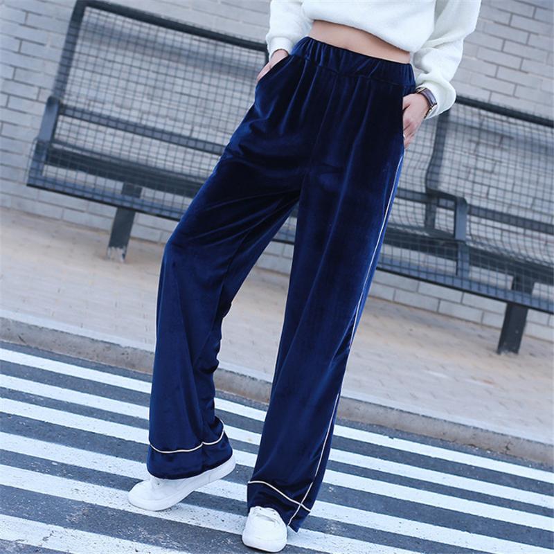 

New Women' High Waist Wide Leg Long Pants Office Lady Loose Stretch Velvet Casual Trouser velvet loose trousers women, As picture