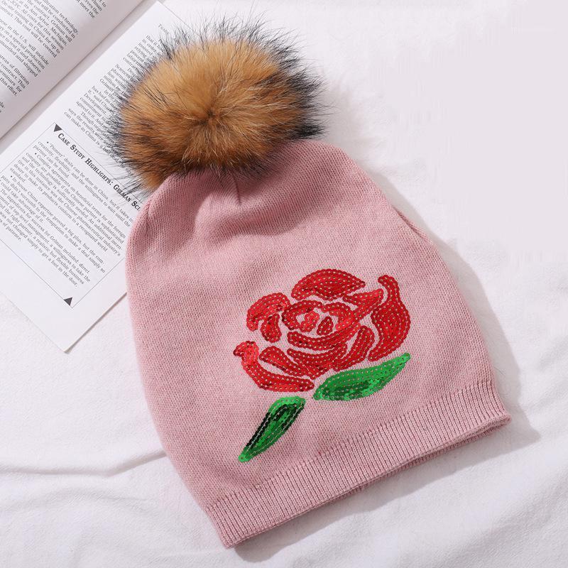 

Women Hat Winter Pompom Wool Knit Beanie Raccoon Fur Flower Glitter Warm Autumn Outdoor Ski Snow Accessory Teenagers1, White