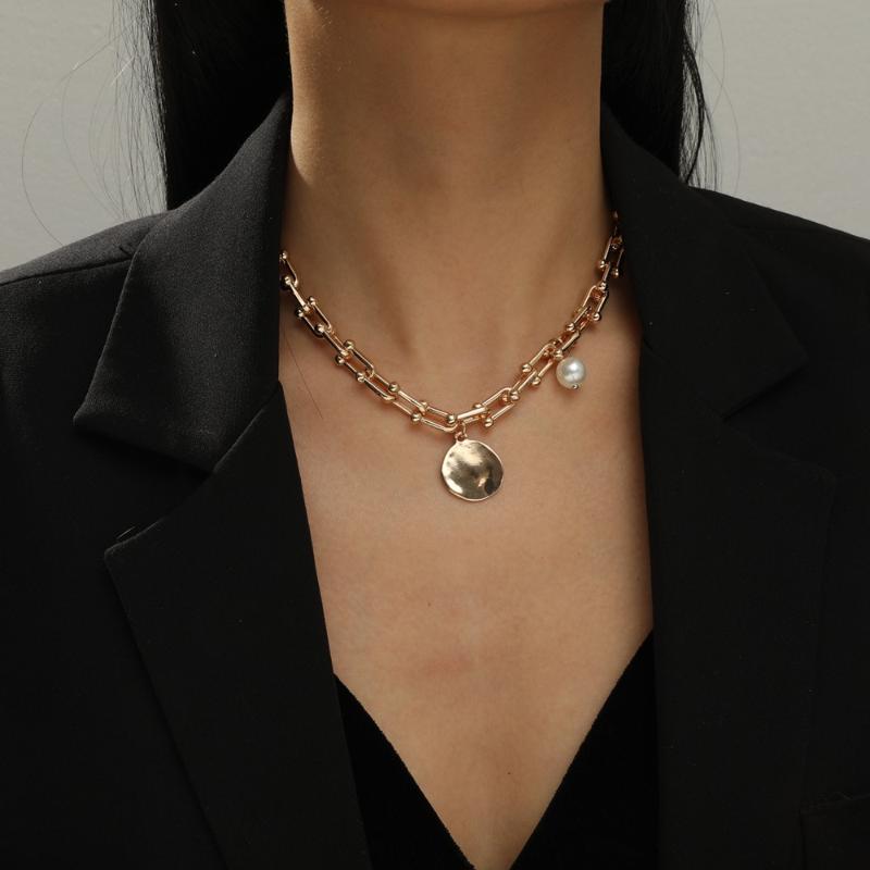 

New Styles Punk Curb Cuban Round Pearl Pendant Necklaces Collar for Women Geometric Knot Long Necklaces Jewelry Gift