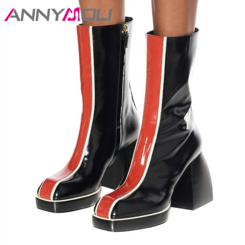

ANNYMOLI Real Leather Super High Heel Mid Calf Boots Woman Shoes Zip Platform Thick Heels Boots Square Toe Lady Fashion 43, Black