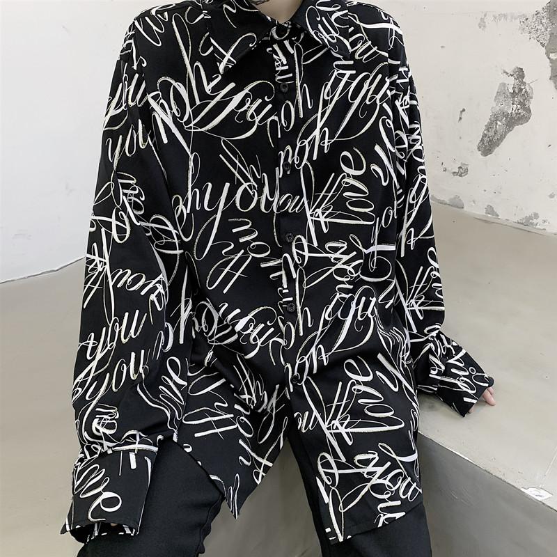 

Streetwear Letter printing Black long-sleeved shirt Punk Gothic Party Night Club Shirt Plus Size Long blouses Camisa masculina, Mixed