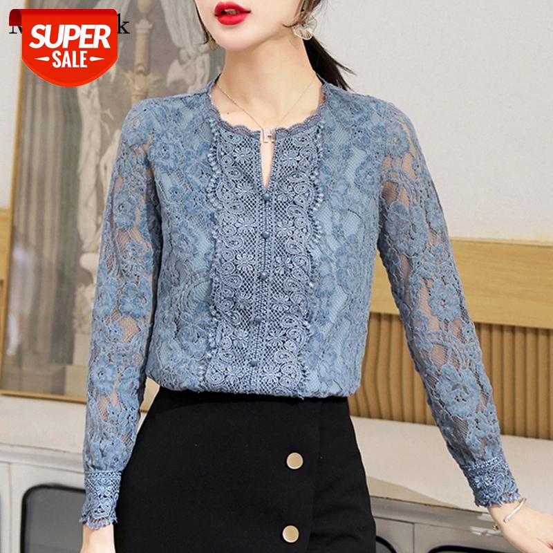 

Fall 2021 Women Clothing Lace Blouse Women Floral Long Sleeve Slim Shirt Embroidery Plus Size Vintage Womens Blouses 10357 #YF8o, White