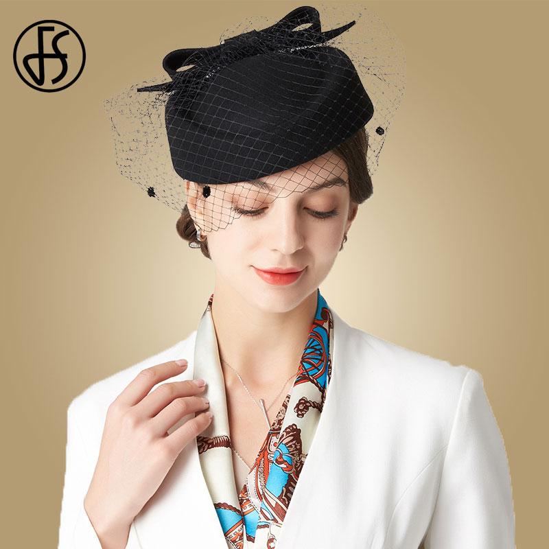 

FS Vintage Veils French Beret Wool Pillbox Hat For Women Fedora Black Felt Hats Winter Big Bow Elegant Ladies Hat Wedding