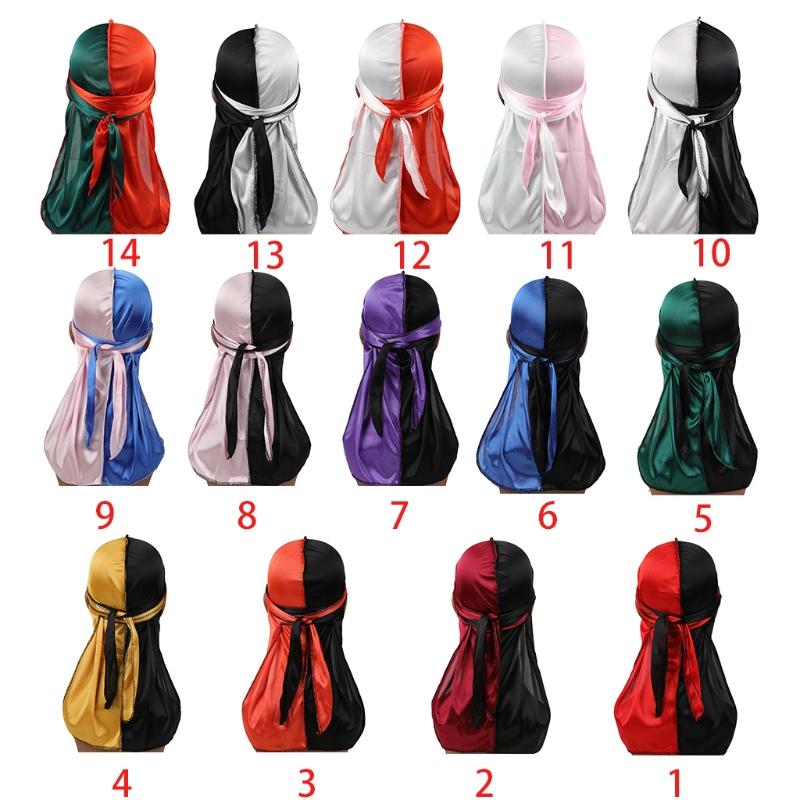 

Silky Durag Pirate Cap 2 Tone Color Block Long-Tail Headwrap Turban Chemo Hat