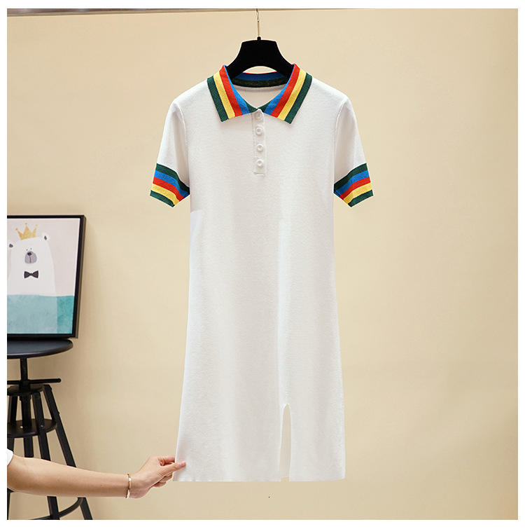 

2021 New Summer Women Turn-down Collar Rainbow Knitting Pearl Buttons Short Sleeve Slim High Waisted Casual a Line Dress N0bt, White