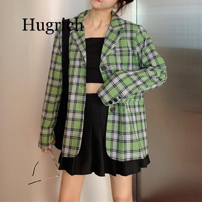 

2020 Green plaid notch collar long sleeve button pocket loose office lady loose casual england blazer