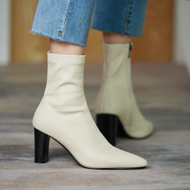 

thin boots winter 2020 new pointed thick Size can be elegant high heel elastic leg repair short boots, White single lane