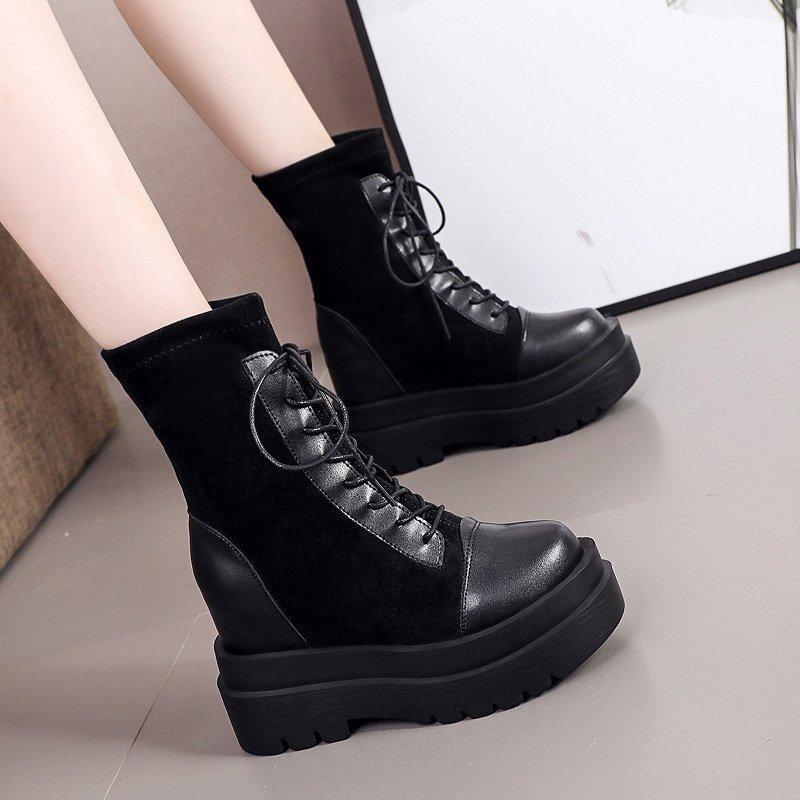 

Rimocy 2020 Autumn Women High Platform Chunky Boots PU Leather Patchwork Lace Up Ankle Boots Woman Height Increasing Short Botas1, Beige