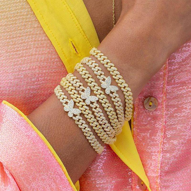 

Charm Bracelets 6MM Iced Out Bling Cz Miami Cuban Link Chain Butterfly Bracelet 2Row Women Hip Hop Jewelry