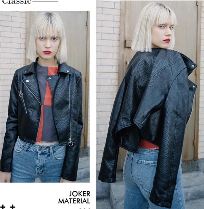 

England locomotive style Crocodile pattern short pu leather jackets female retro streetstyle great quality leather jackets F1029, Black