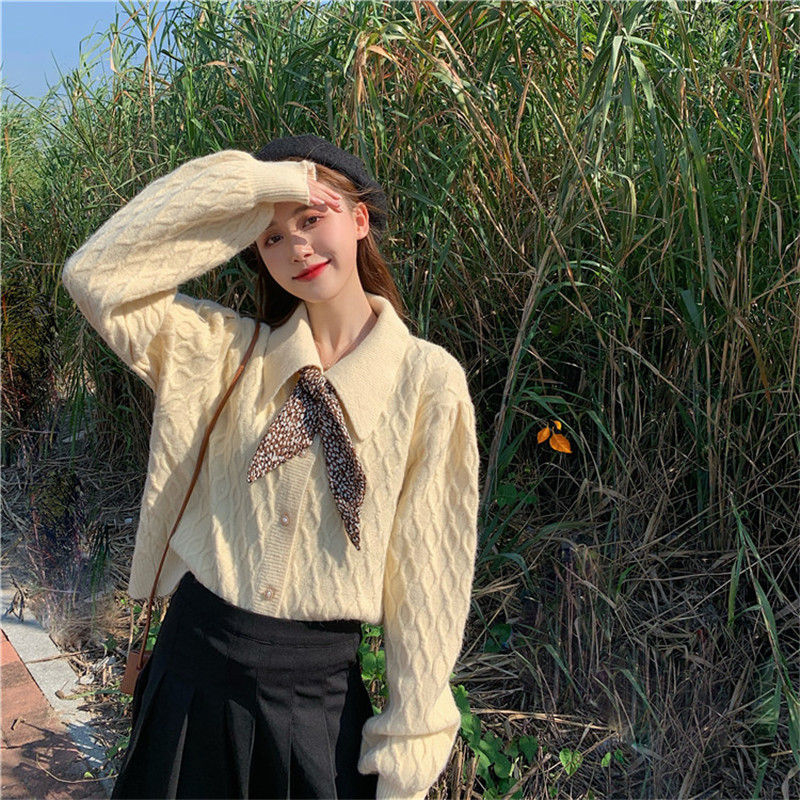 

2021 Sweet Girls Lolita Blouses New Fall Doll Argyle Necklace Vintage Female Sweater Short Cardigan Mesh with Nice Scarf Jumpers HZYF, White