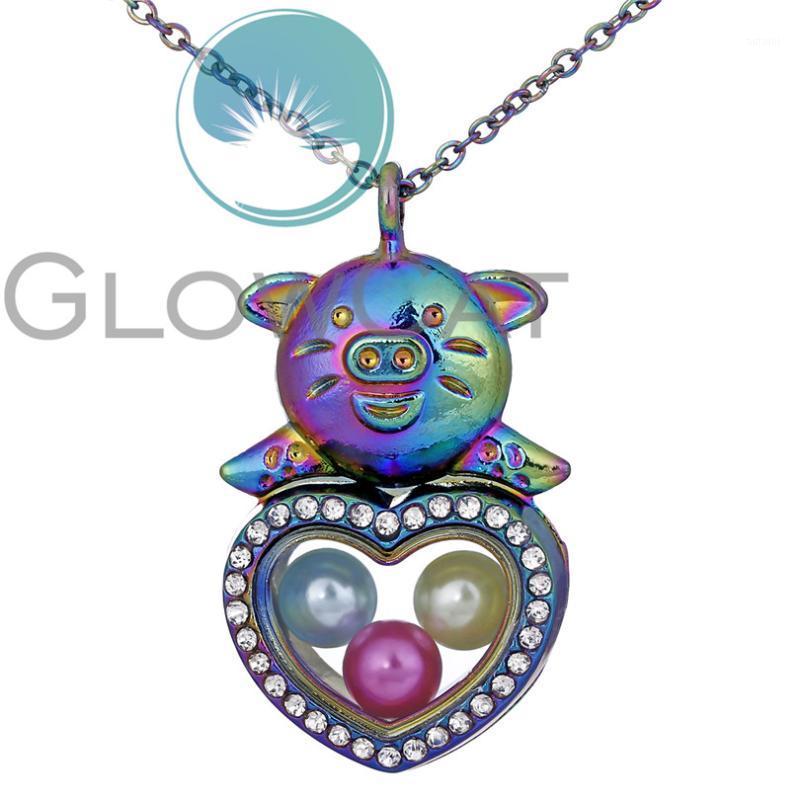 

2colors Rhinestone Heart Pig Living Memory Floating Locket Necklace 8mm Beads Pearl Cage Glass Photo Magnetic Pendant Necklace1