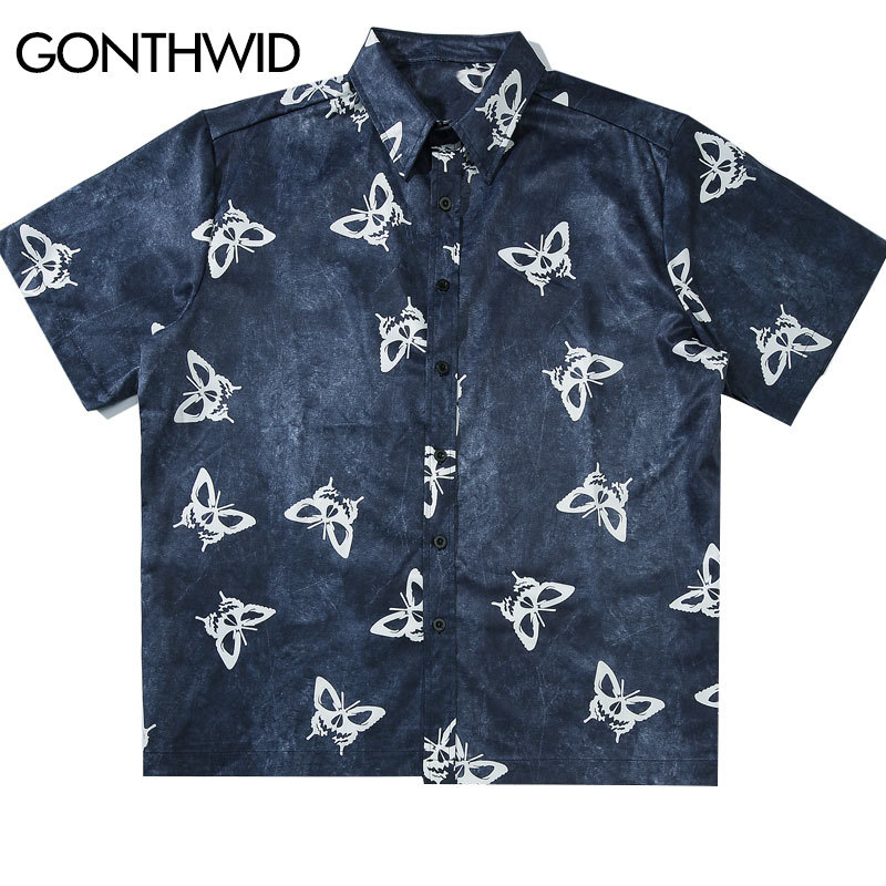 

Butterflies Print Shirts Summer Casual Short Sleeve Button Down Shirt Coats Streetwear Hip Hop Fashion Jackets Tops, 201722b