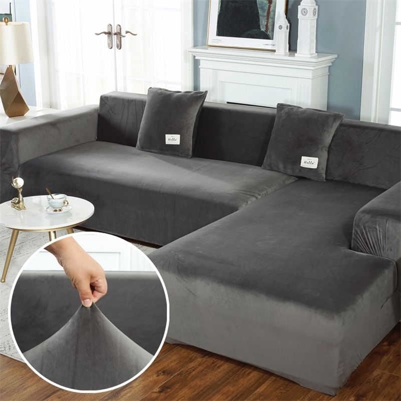 

Plush Sofa Covers for Living Room Velvet Elastic Corner Sectional Couch Love Seat Cover Set Armchair L Shape Furniture Slipcover LJ201216