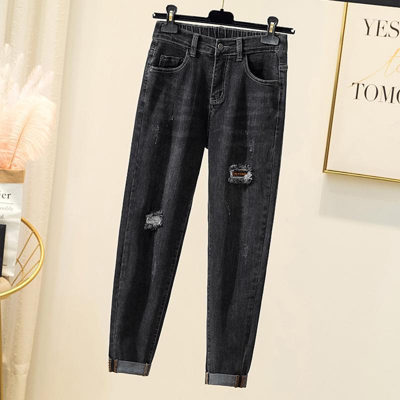 

Autumn Patches Fake Hole Women's Jeans Cuffs Ankle Length Cowboy Female Pencil Pants Ladies Plus Size Embroidery Skinny Denim4XL, Black