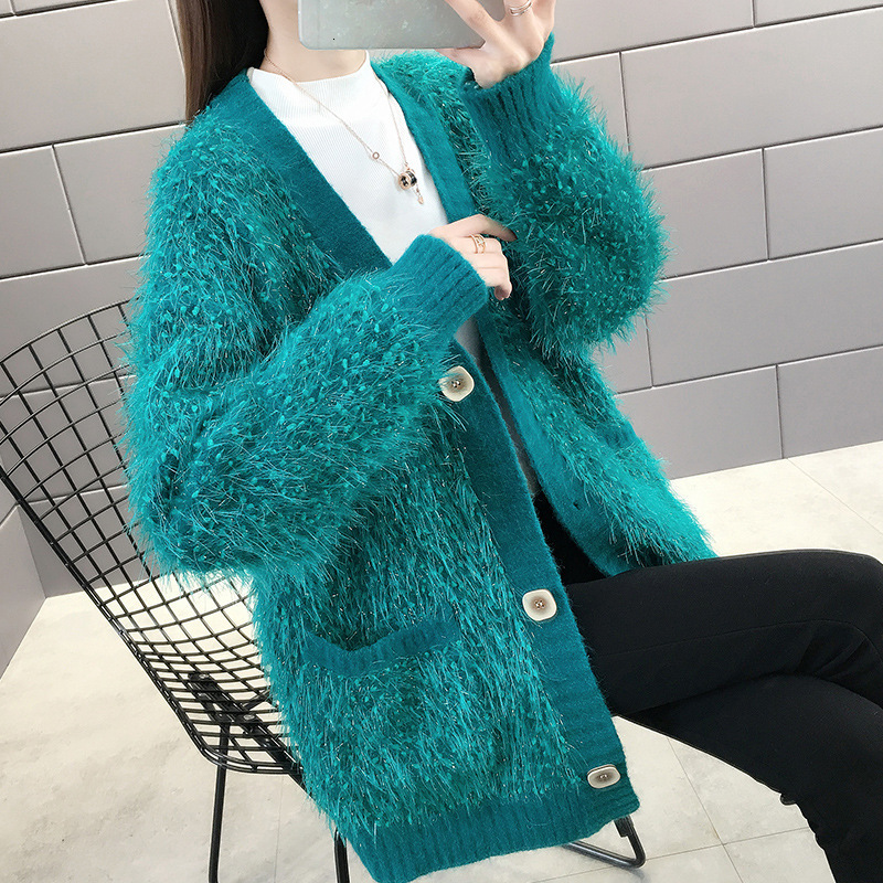 

2021 New Autumn Winter Women Sweater Fashion Bright Wire Knitting Tops Thicked Warm Single Breasted Cardigans Jacket Y479 5w91, Creamy-white