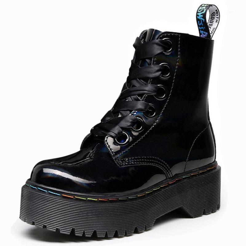 

boots women rainbow thick-soled leather boots female side zipper laser short muffin bottom lace up mirror leather1