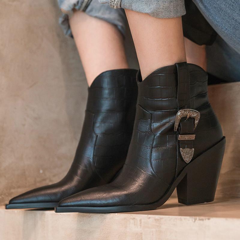 

Fashion Personalized Cowboy West Women's Boots Genuine Leather Wedge Boot Slim Fit Pointed Toe Handmade Luxury Denim Ankle Boots, Black