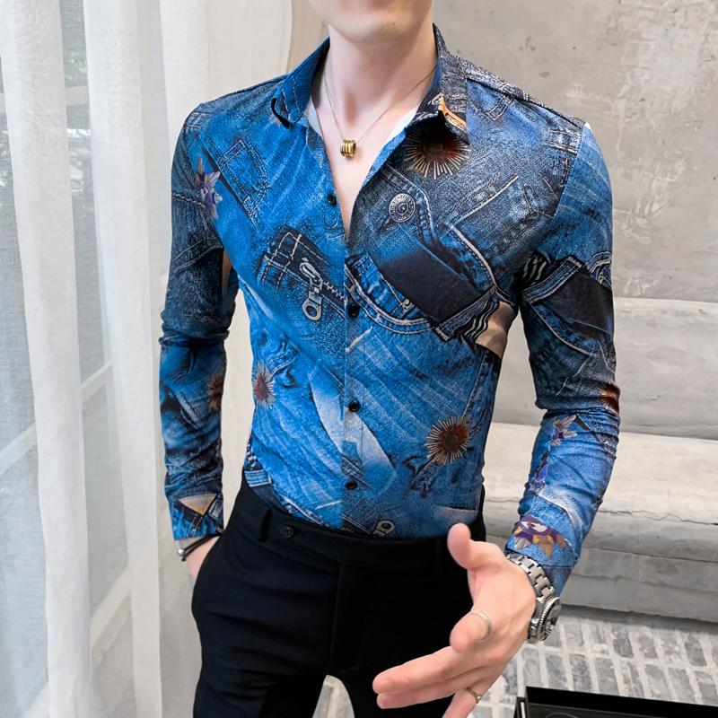 

2020 Autumn Luxury Blue Starry sky men Shirt Boutique Men Shirt Long Sleeve Casual Slim Fit Print Party Club