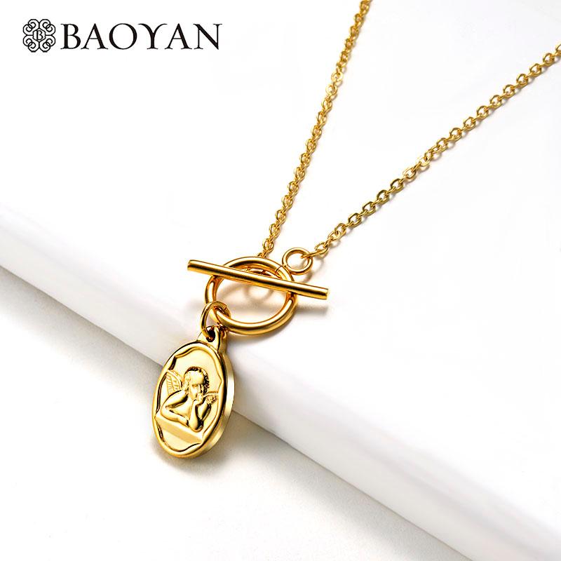

Baoyan Fashion Stainless Steel Necklace Vintage Gold Coin Necklace with OT Clasp Fashion Thorns Cross Pendant For Women