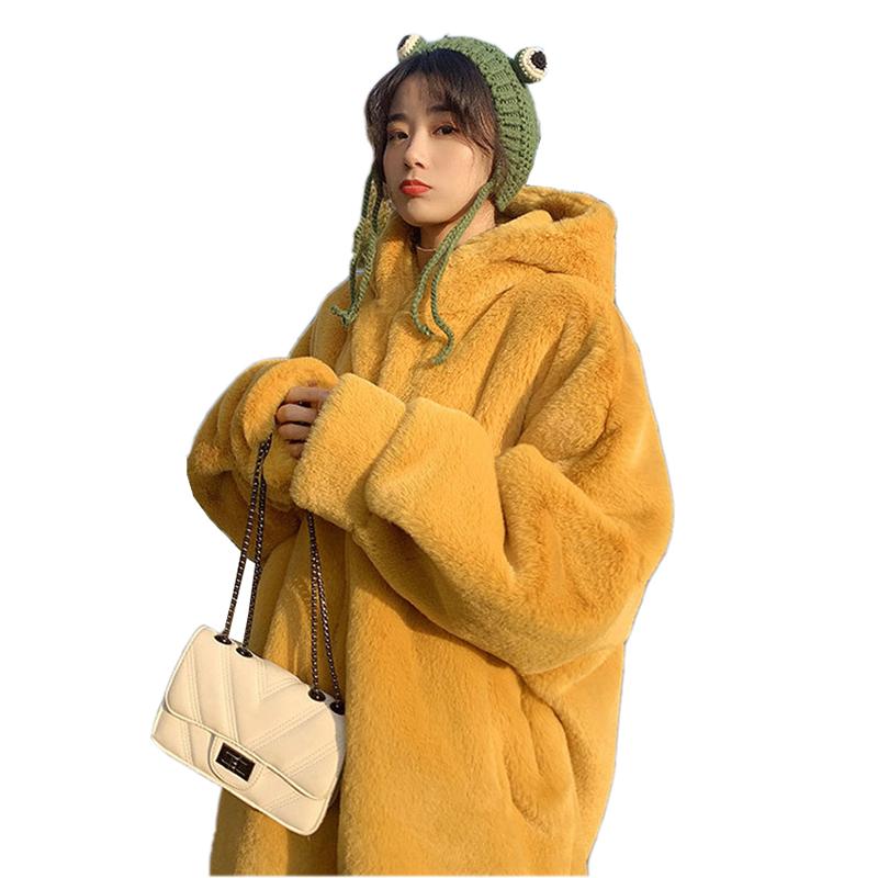 

Winter Fur Coat Women Faux Mink Fluff Fur Jacket Add Cotton Thicken Hooded Outerwear Loose Large Size Zipper Tops KW216, Yellow