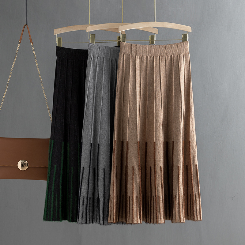 

2021 New Women Knitted Long Winter Warm Sweater Stripe A-line Maxi Skirts Midi Knit Female Bottoms Swing Skirt Autumn Z39s, Khaki 0900