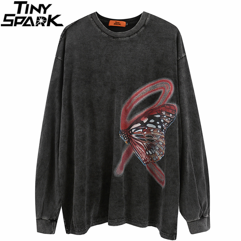 

2020 Men Hip Hop Streetwear Oversized T-shirt Butterfly Graffiti Print Washed Tees Long Sleeve Cotton Casual Oversized T-shirt, A28af28 black