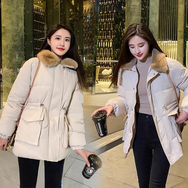 

Fashion Solid Cotton Liner Parker Autumn Winter Jacket Women Drawstring Slim Parka Hooded Fur Coat Female, Beige