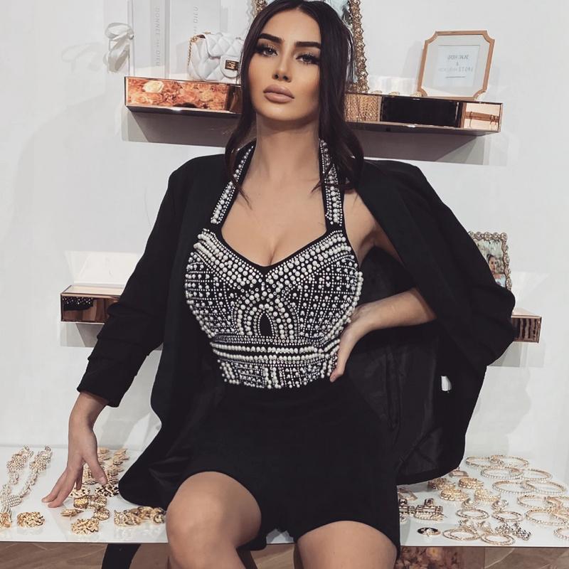 

High Quality Girl Sexy Halter Pearl Beading Black Khaki Women Casual Camis Top Fashion High Street Top