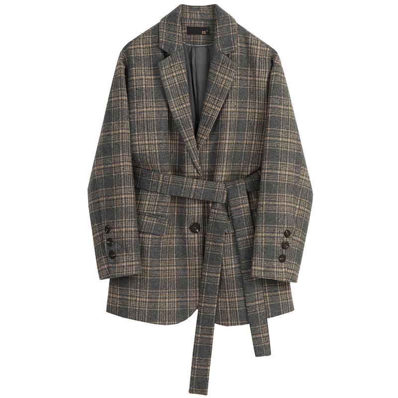 

Women Blazer Plaid Ladies woolen Coat Long Sleeve Lace Up Women' Slim Suit Jacket, As photo