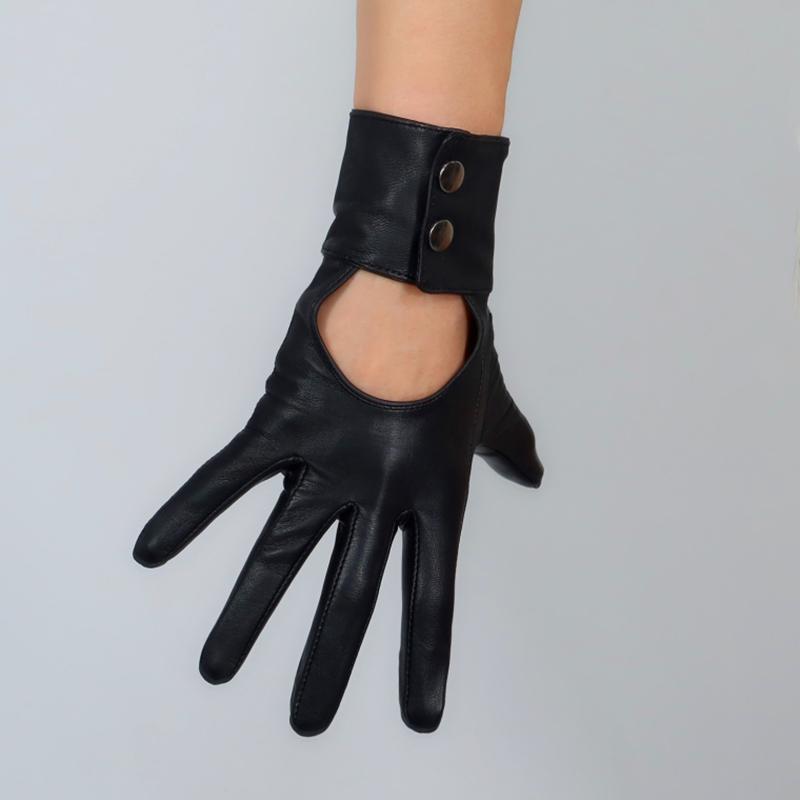 

Five Fingers Gloves Touch Screen Real Leather Female 25cm Pure Sheepskin Black Hollow Button Backless Slim Women WZP42