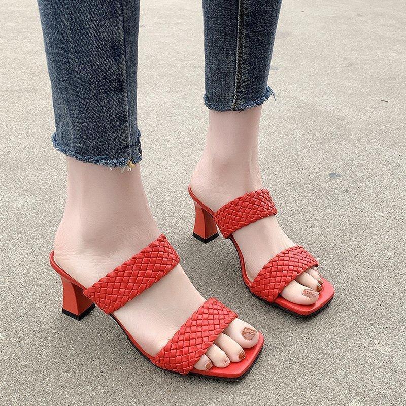 

New Square High Heels Slippers Summer Women Square Toe Sandals Ladies Pu Leather Plaid Outside Female Fashion Woman Shoes Mules1, Black