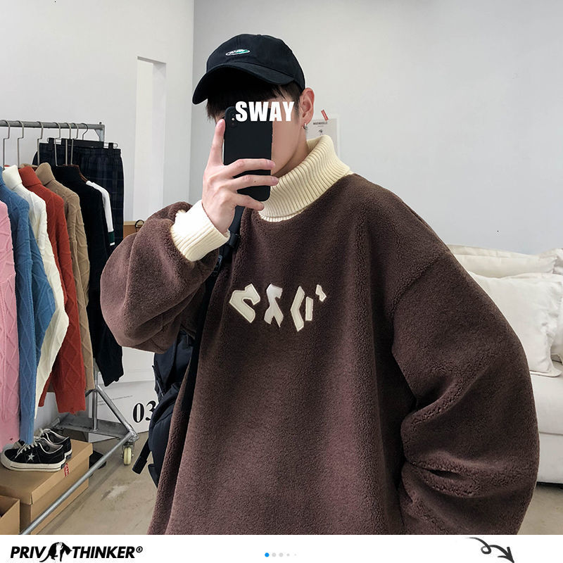 

2021 New Privathinker Winter Warm Lambswool Hoodies for Men Casual Turtleneck Sweatshirts Korean Man Oversized Pullover ZNM5, White