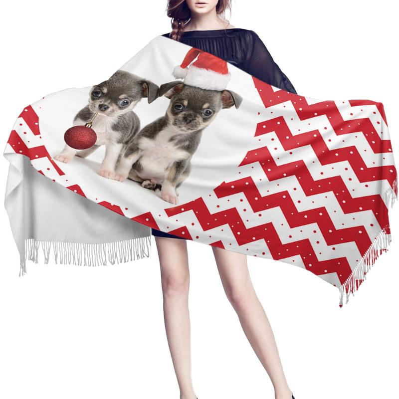 

Women Cashmere Scarf Thin Lady Christmas Striped Dog In Christmas Hat Shawls and Wraps Female Hijab Long Head Scarves