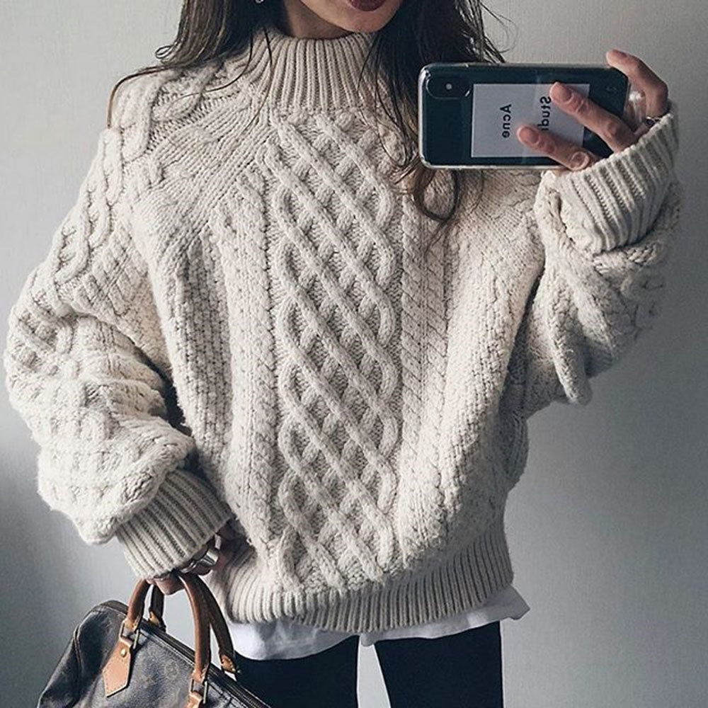 

2021 Warm Thicken Women Tops Autumn Winter Knitted Female Pullover Jumpers Fashion Korea Japan Sweater New Plain 5FPJ, Beige