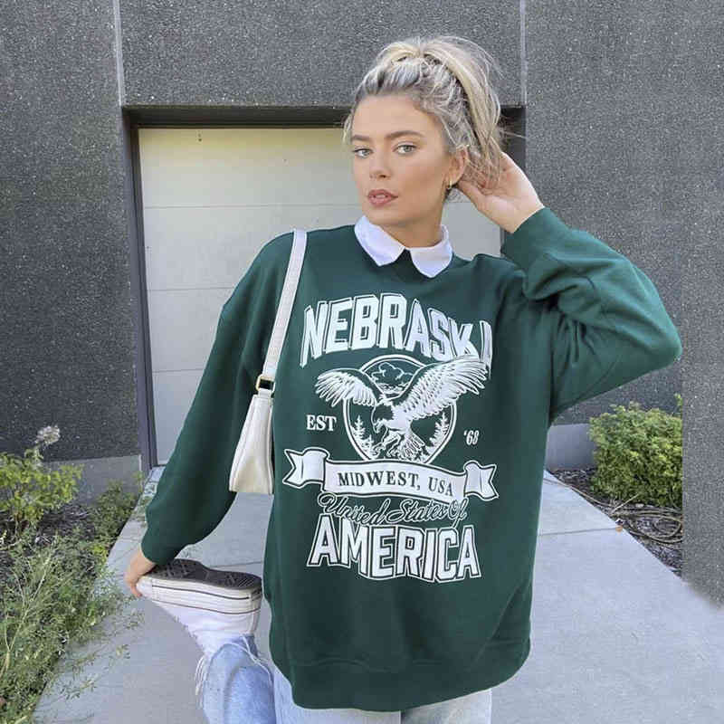 

Women's Hoodies & Sweatshirts Dark green sweater hoodless female round neck loose student youth Plush American letter printing top autumn and winter K7OT