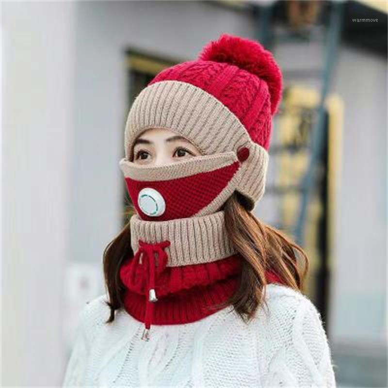 

Women Beanie Scarf Mask Set Windproof Winter Ladies Warm Plush Lined Pom Pom Knit Hat with Mask Neck Warmer Lace-up Scarf1