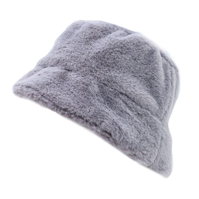 

Womens Winter Thicken Fluffy Plush Fisherman Cap Solid Color Wide Brim Sun Hat 2XPD, Gray