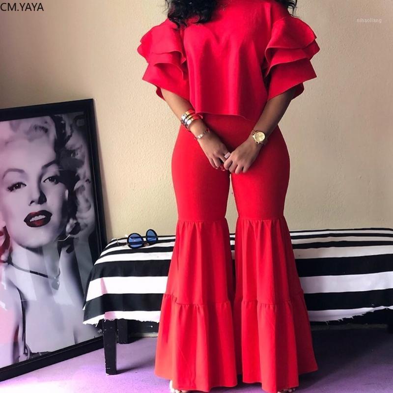 

New Autumn Winter Women set Tracksuit O Neck Petal Sleeve Top Flare Pants Suit Two Piece Set Solid Night Club Outfits LS63261, Red