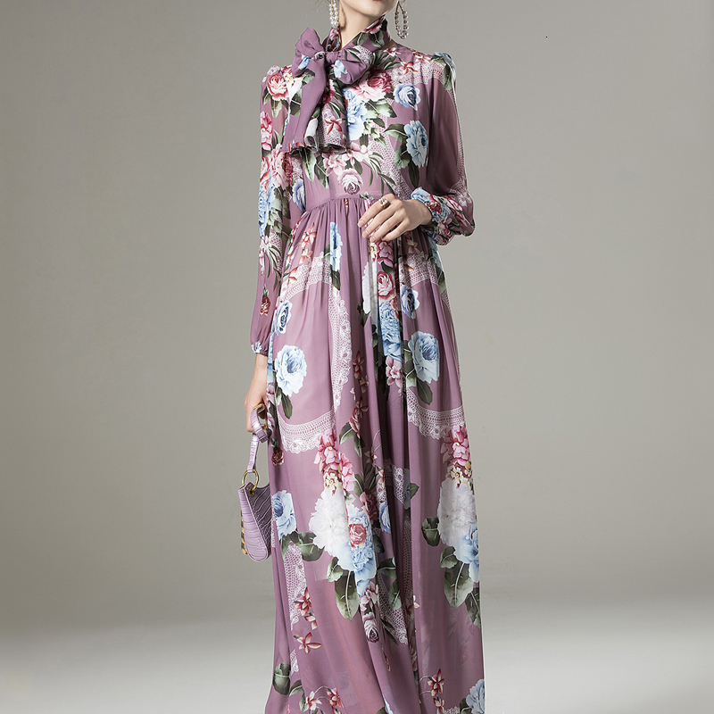 

2021 Spring New Bowknot Manga Retro Impression Thin Temper Long Chiffon Dress High Quality Women' Clothes 85zj, Multiple