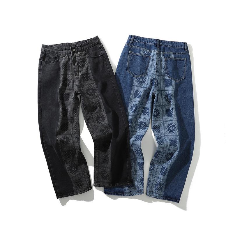 

Paisley Patch Men Denim Jeans Wide Leg Hip Hop Men' Jeans Pants Baggy Loose Fit New Fashion Printing Male Trousers, Blue