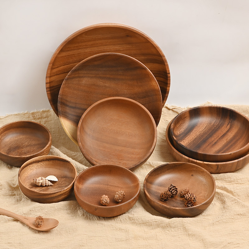 

2021 New Salad Thicken Wooden Bowl Pan Plate Food Fruit Dishes Saucer Coffee Tea Tray Dessert Dinner Bread Wood Plates Storage Ceit