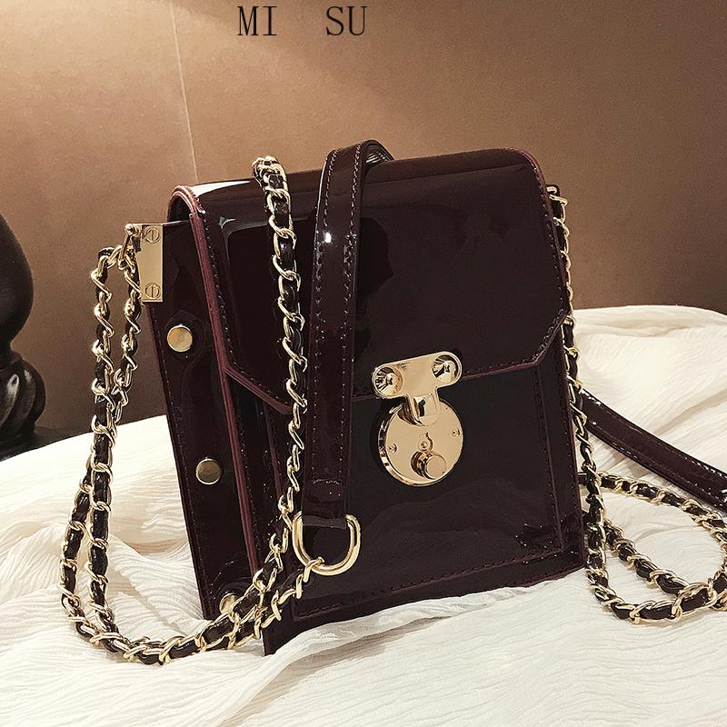 

Vintage Square Crossbody bag 2021 Fashion New Quality Patent Leather Women's Designer Handbag Lock Chain Shoulder Messenger Bag, Black