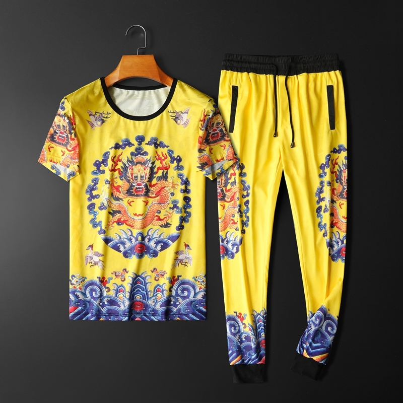 

Yellow Printing Sweatshirt for Men Sweat Pants + Shirt Short Sport Jogger Original Desinger Piece Assembly Man Clothes Summer  F6e5, 2001